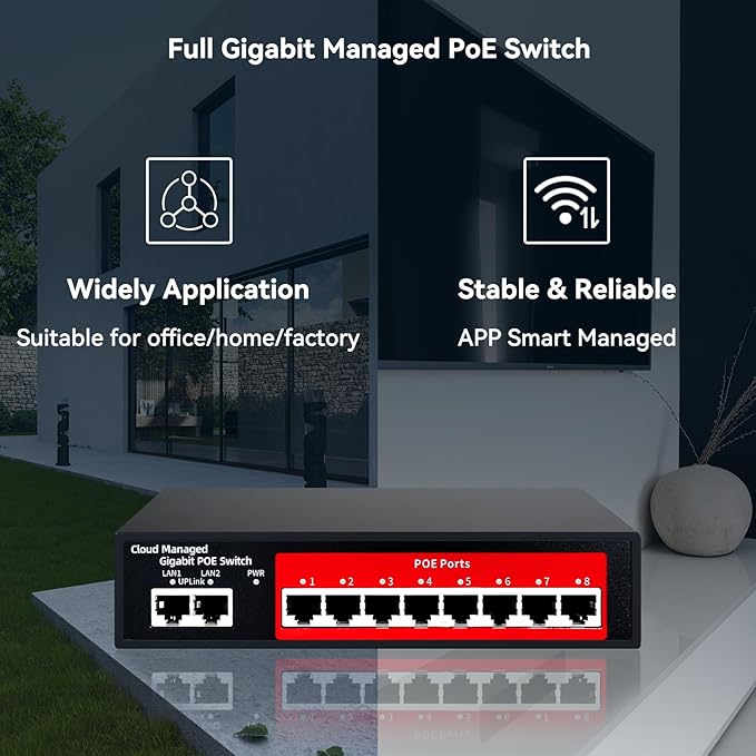 STEAMEMO 10-Port Gigabit Managed PoE Switch, 8 PoE+ Ports@120W, 2 Uplink Ports - Image 9