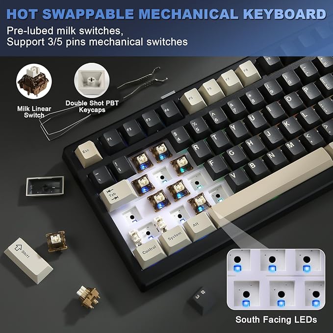 YUNZII YZ98 Gasket Mechanical Keyboard, 99 Key Hot Swappable BT5.0/2.4G/USB-C - Image 3