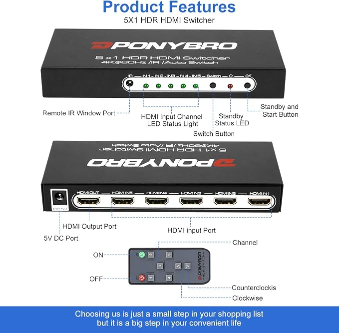 HDMI 2.0 Switch 5 Port 4K@60Hz Auto-Switching – 5 in 1 Out - Image 6