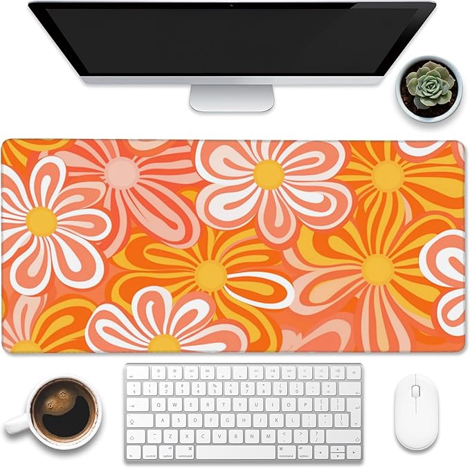 Desk Pad, Hippie Vintage Orange Flowers Desk Mat, Retro Floral Large Gaming by Eflxamz