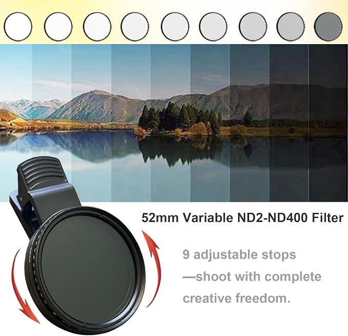 52mm Clip-on ND2-400 Phone Camera Lens Filter Kit, Adjustable Neutral Density - Image 3