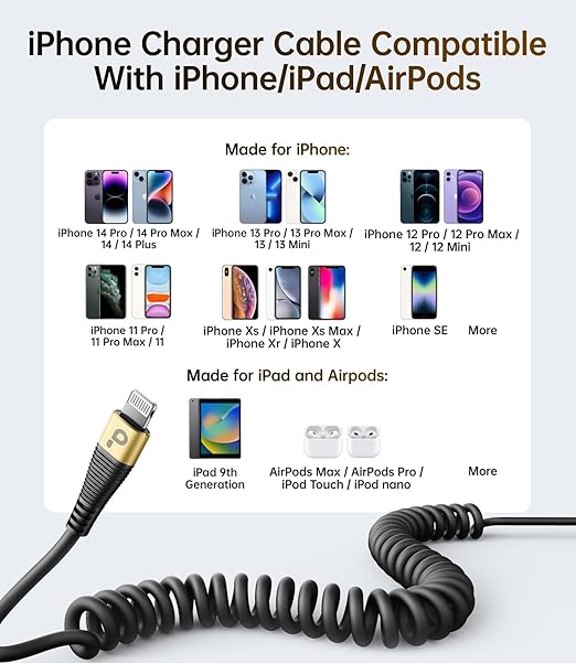 Short iPhone Charger Cable for Car, 2 Pack 3FT Coiled Lightning Cable iPhone - Image 5