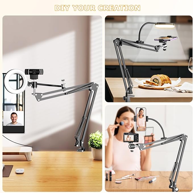 Overhead Camera Mount with Ring Light, Flexible Articulating Phone Arm Stand - Image 2