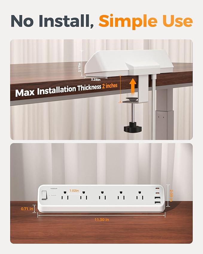 Desk Clamp Power Strip 10 Ft, TESSAN 2100J Surge Protector Desk Charging Station - Image 3
