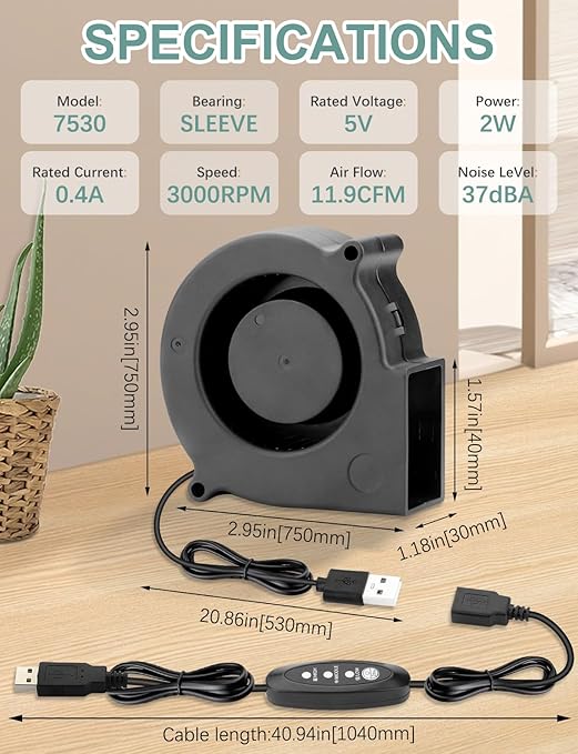 75mm x 30mm USB Blower Fan 5V Turbine Centrifugal Blower Fan - Image 5