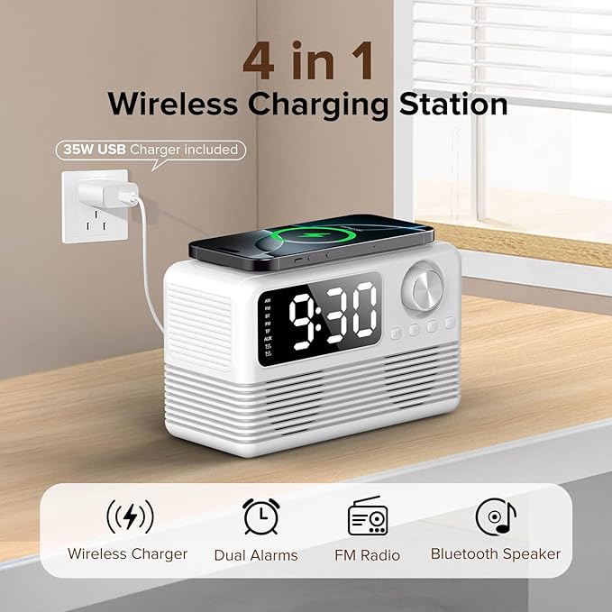 15W Fast Wireless Charger with Bluetooth Speaker and Alarm Clock Radio - Image 2