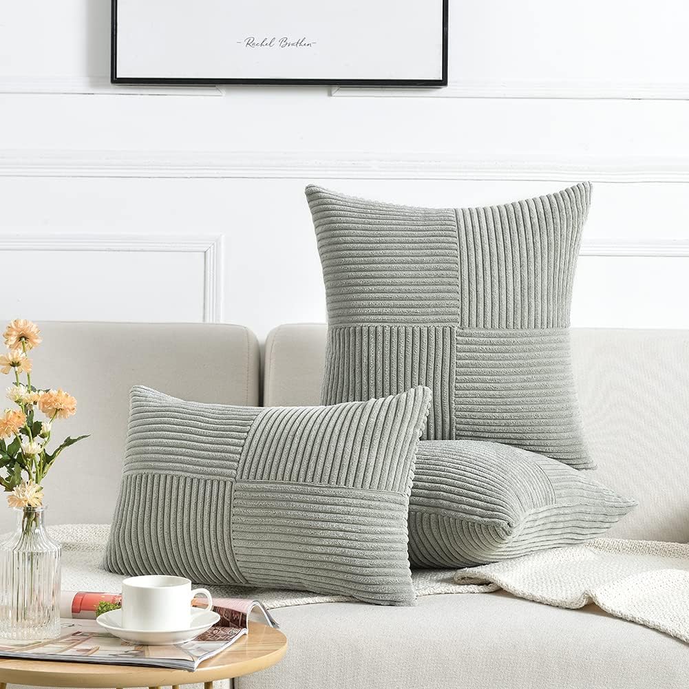 Fancy Homi 2 Packs Grey Long Lumbar Decorative Throw Pillow Covers 16x24 Inch for Couch Bed Sofa, Rustic Farmhouse Boho Home Decor, Soft Striped Corduroy Rectangle Accent Cushion Case 40x60 cm