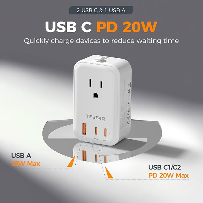 TESSAN Universal Travel Adapter PD 20W, International Power Adapter - Image 5