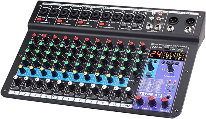 TEYUN 12 Channel Audio Mixer, Professional DJ Mixer by TEYUN