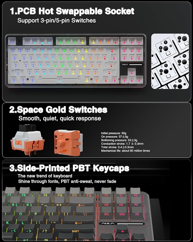 AULA F87 Pro Wireless Mechanical Keyboard, Tri-Mode BT5.0/2.4GHz/USB-C Hot - Image 5