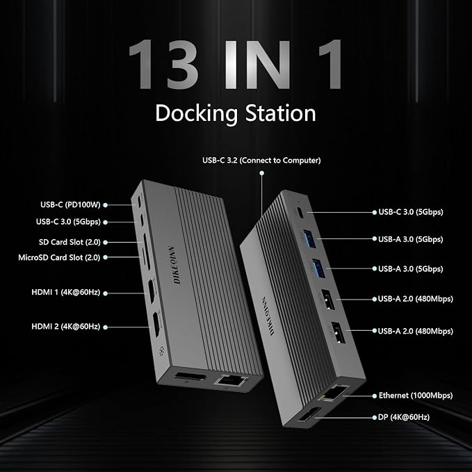 13-in-1 USB C Docking Station: Triple 4K Display, 100W Power Delivery, 5Gbps - Image 2