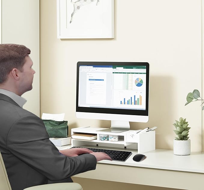 White Monitor Stand Riser, MDF Laptop Riser Shelf - Image 6