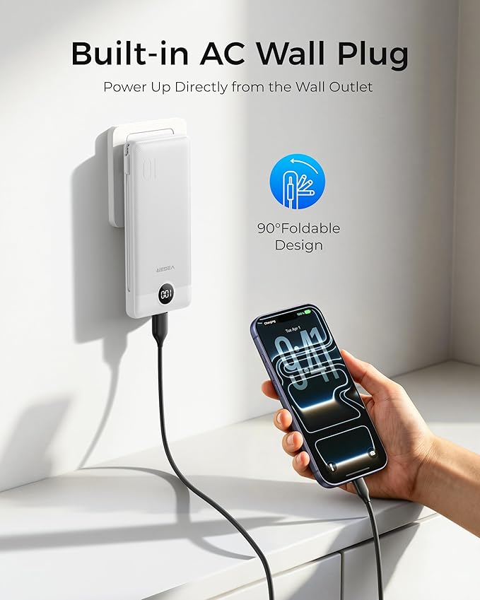 VEGER Portable Charger with Built-in AC Plug and Cables, All in One 10000mAh - Image 2