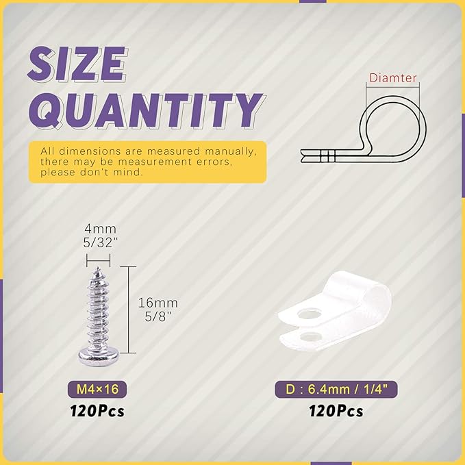 Swpeet 120 Pack White 1/4 Inch Nylon Plastic R-Type Cable Clips Clamp Kit - Image 2