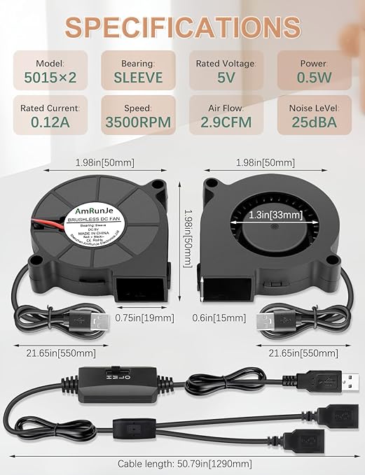 50mm x 15mm USB Blower Fan 2 Pack 5v Squirrel Cage Blower Fan - Image 4