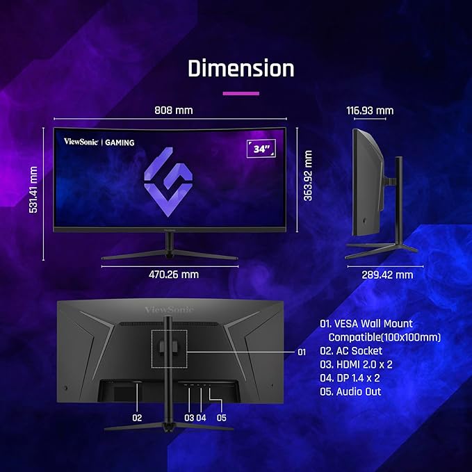 ViewSonic VX3418C-2K 34 Inch UltraWide QHD 1440p Curved Gaming Monitor - Image 4