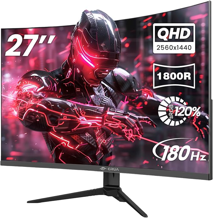 CRUA 27" Curved Gaming Monitor, 2k QHD VA Screen, 165Hz/180Hz Computer Moniter by CRUA