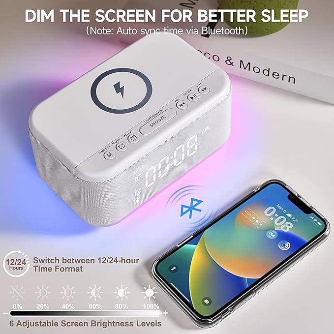 Alarm Clock Speaker Wireless Charger, Digital Alarm Clocks Bedrooms Bluetooth - Image 3