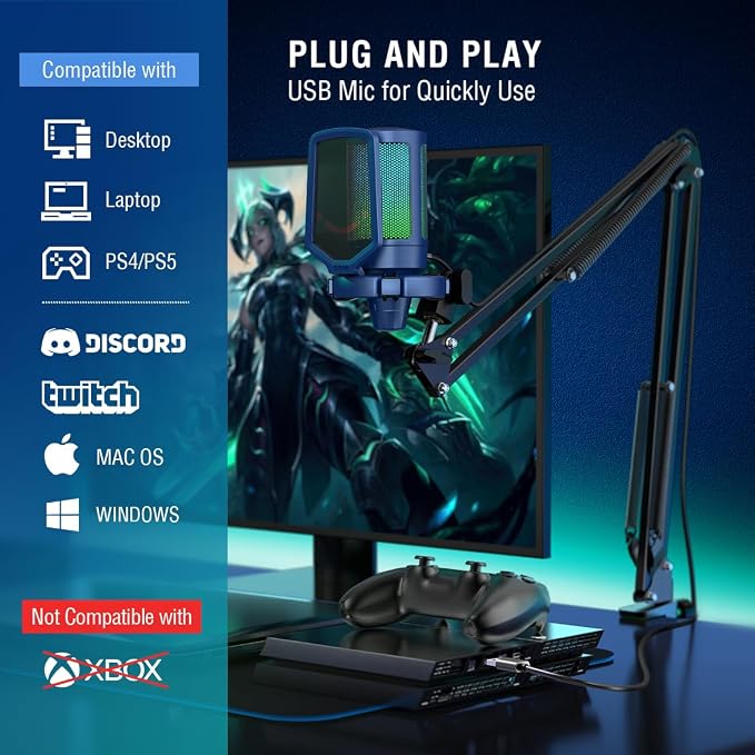 FIFINE USB Gaming Streaming Recording PC Microphone Kit, RGB Condenser Computer - Image 5