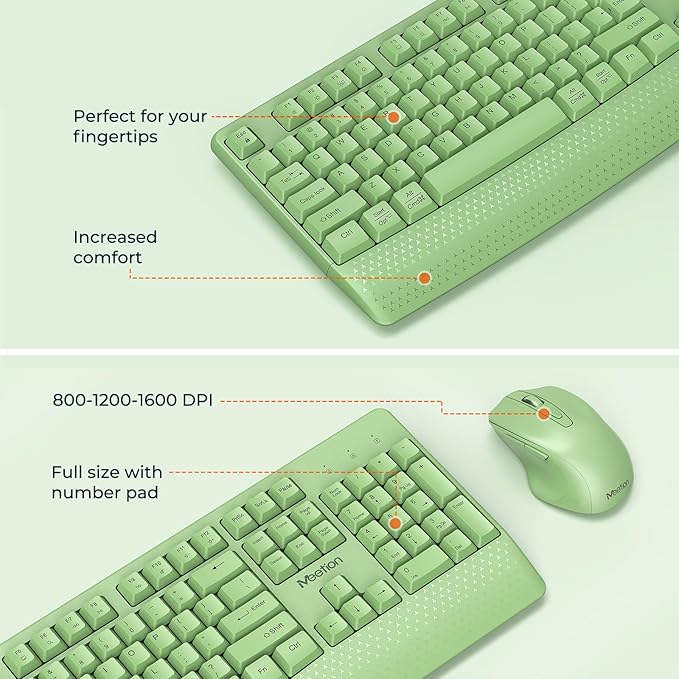 MEETION Green Wireless Keyboard and Mouse, Full-Sized Cordless Keyboard - Image 6