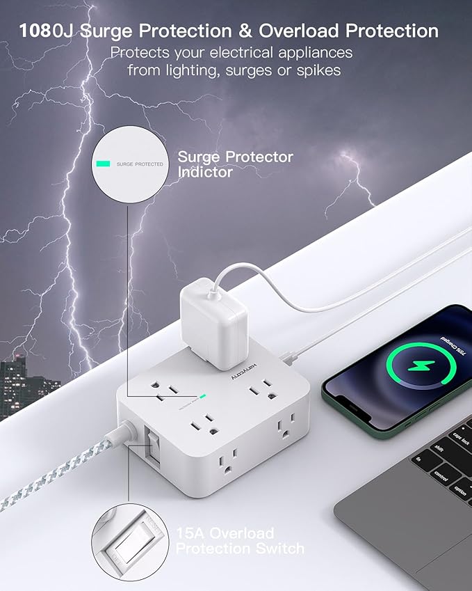 Surge Protector Power Strip 15 Ft Long Cord, HANYCONY Extension Cord 15 Feet - Image 5