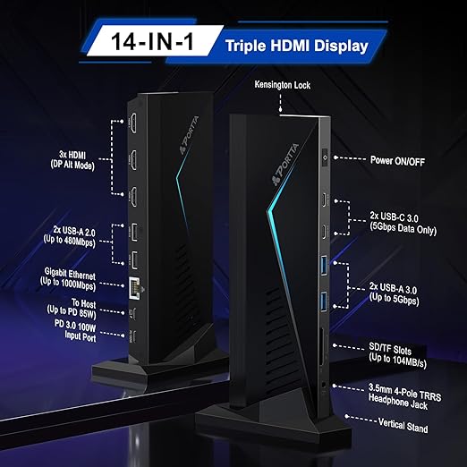 PORTTA 14 in 1 Docking Station Triple Display, HDMI x3, USB x6, 100W PD - Image 2