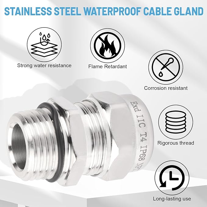 NPT 1/2" Stainless Steel Waterproof Cable Gland IP68 Waterproof Cable Gland - Image 4