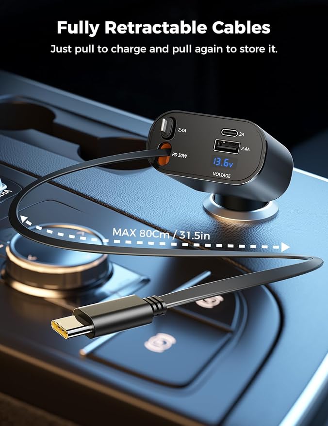 【Upgraded】 SUPERONE Retractable Car Charger 4 in 1, Fast Car Phone Charger - Image 2