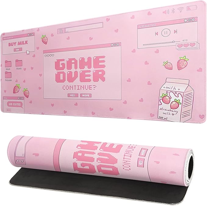 Pink Gaming Mouse Pad 31.5x11.8 Inch Pastel Game Over Large Mousepad Kawaii by Siski
