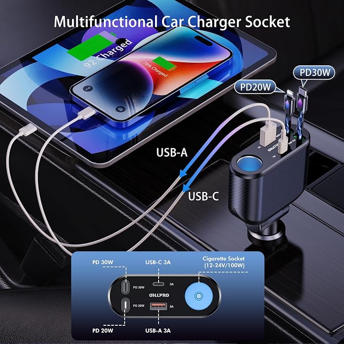 OHLPRO Retractable Car Charger Cigarette Lighter Adapter, 168W 5 in 1 Fast - Image 2