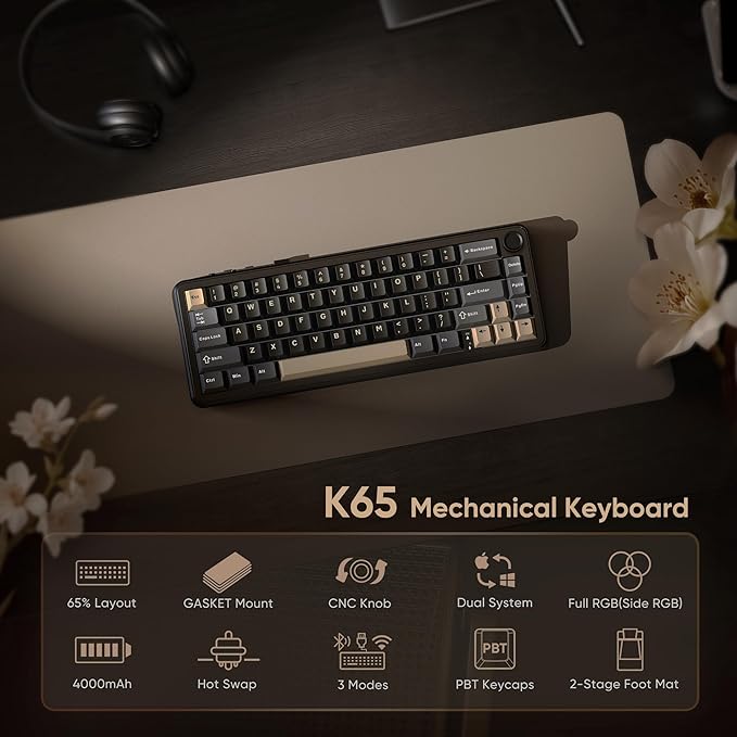 RedThunder K65 Wireless Mechanical Keyboard, CNC Knob, Tri-Mode - Image 2