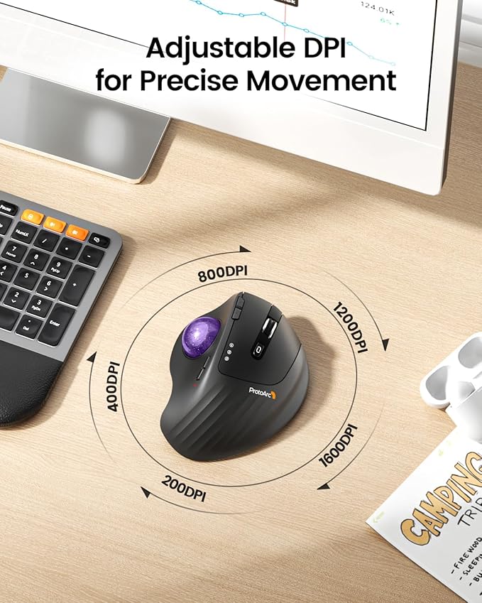 ProtoArc Wireless Trackball Mouse, EM01 NL Ergonomic Bluetooth Rollerball Thumb - Image 5