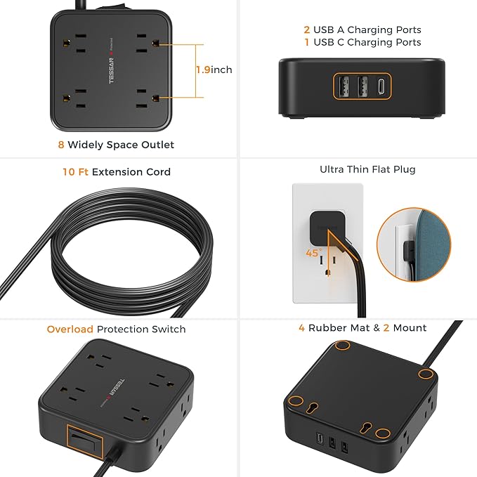 Power Strip Surge Protector 10 Ft Cord, TESSAN 8 AC Outlets 3 USB Charger - Image 6