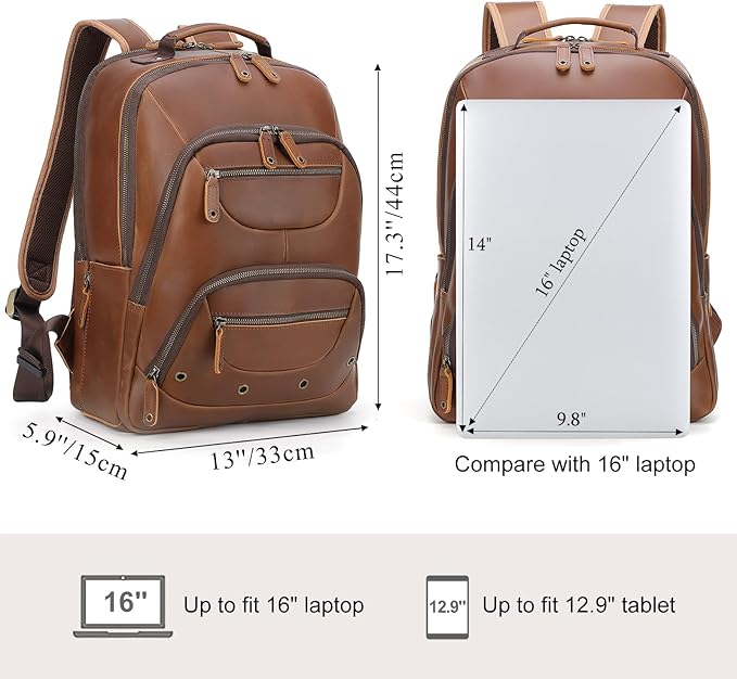 TIDING Brown Leather Travel Backpack - Image 5