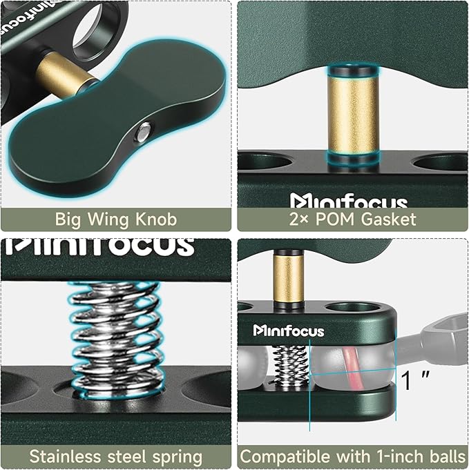 MINIFOCUS Aluminum 1" Ball Clamp Mount, Double Socket Arm, 360° Spring Clip - Image 2