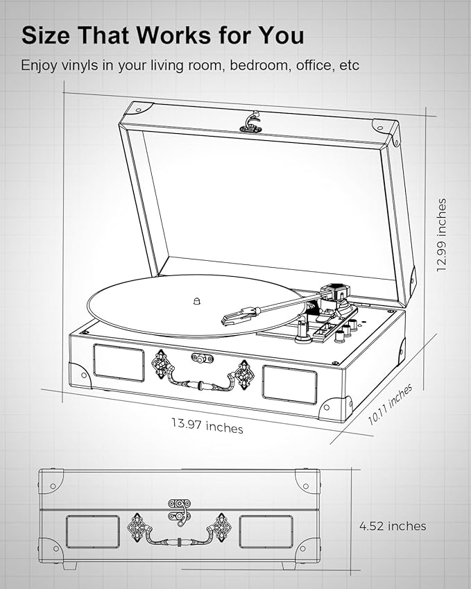 Vinyl Record Player with Bluetooth Output & Input, Treble & Bass Control - Image 7