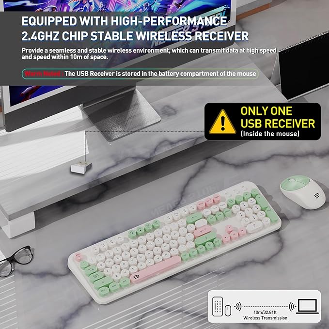 Wireless Keyboard and Mouse Set, 105 Keys Full-Size Cute Colorful Keyboard and - Image 2