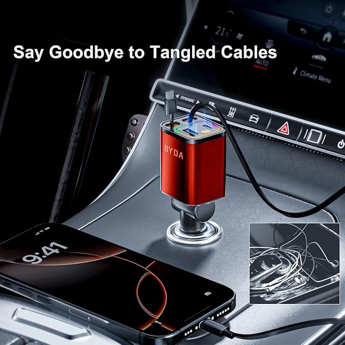 4 in 1 Retractable Car Charger, 69W Car Charger USB C, Cigarette Lighter Adapter - Image 4