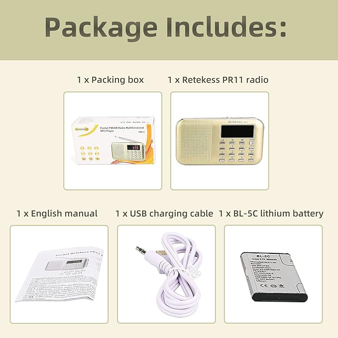 Retekess PR11 AM FM Radio Portable, Rechargeable Transistor Radios Small - Image 7