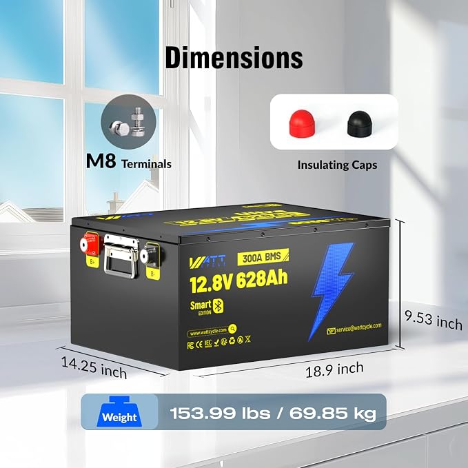 12V 628Ah LiFePO4 Lithium Battery 300A BMS, Built-in Bluetooth 5.0, Full Metal - Image 4