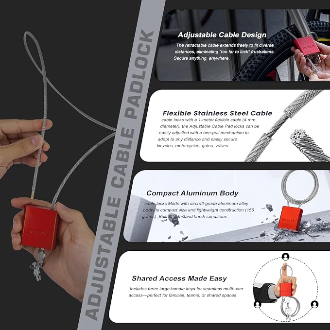 Cable Lock with 3 Keys | L 6.56ft, D 1/6in Adjustable Steel Cable Padlock | - Image 5
