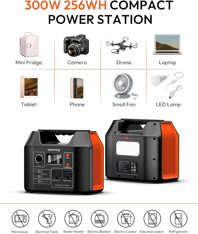 Apowking Portable Power Station 300W Rated, 256Wh LiFePO4 Battery, Solar - Image 8