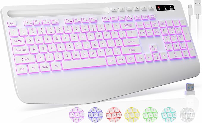 Wireless Keyboard with 7 Colored Backlit, Wrist Rest, Phone Holder, by Trueque
