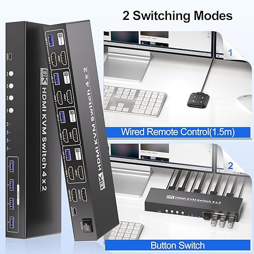 8K@60HZ 4K@120Hz HDMI KVM Switch 2 Monitors 4 Computers - Image 5