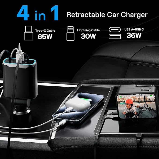 iPhone Car Charger, 4 in 1 Retractable Fast Car Phone Charger Adapter 131W - Image 4