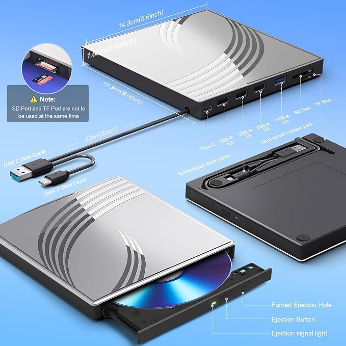 External CD/DVD Drive for Laptop, Ultra Slim CD Burner USB 3.0 Hub - Image 4