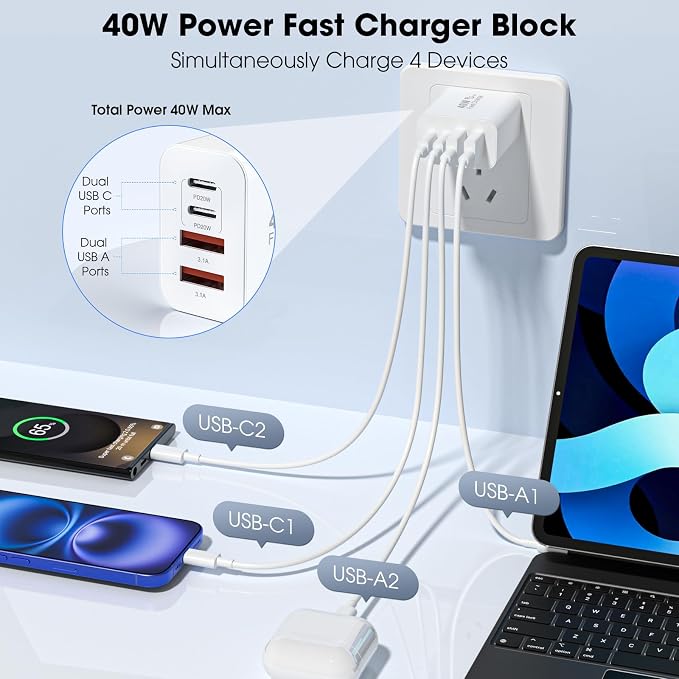 USB C Charger Block, 2 Pack 40W 4-Port iPhone Charger Fast Charging Multiport - Image 2