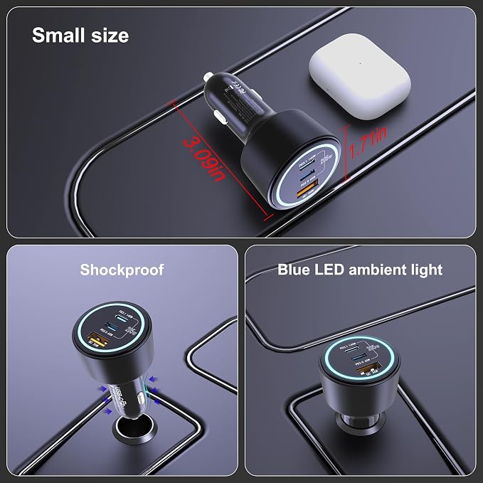 205W USB C Car Charger, 3-Ports PD3.1/PPS/QC3.0 Fast Charging Type C Cigarette - Image 7