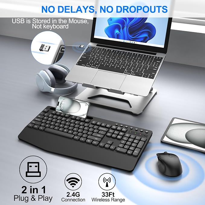 EDJO Wireless Keyboard and Mouse Combo, Full-Size Ergonomic Wireless Computer - Image 3