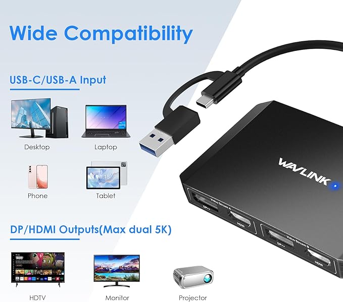 WAVLINK USB C and USB 3.0 to Dual 4K DisplayPort/HDMI Adapter, Displaylink - Image 5